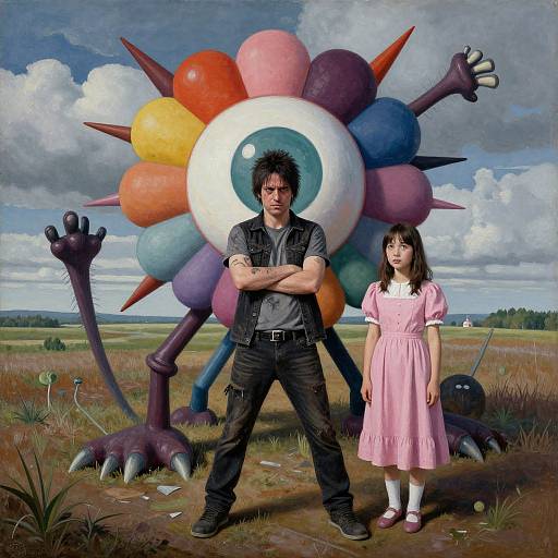 Photograph-style digital art: Dark-haired man in black vest and jeans stands confidently in front of colorful, spiky, eyeball creature. Beside