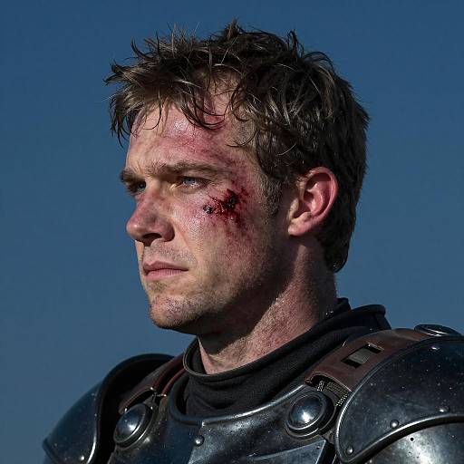 Serious Male Warrior with Bloodied Cheek in Armor