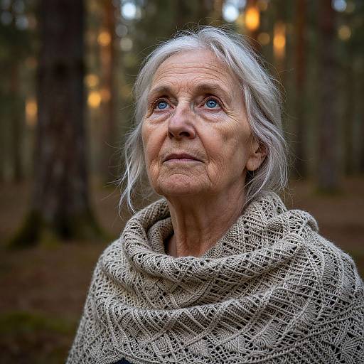 Photograph of an elderly woman with white hair, blue eyes, and a knitted beige scarf, gazing upward in a forest.