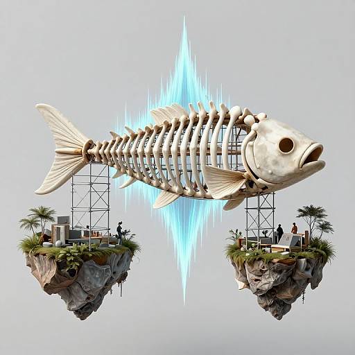 Digital art: Floating fish skeleton with glowing blue aura, suspended between two rocky islands with palm trees, people, and structures.