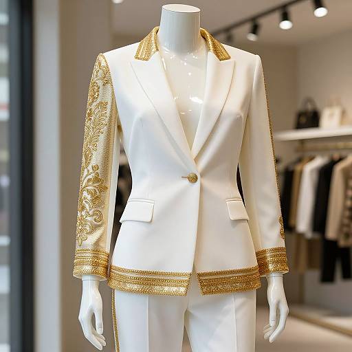 Photograph of a white men's suit with intricate gold embroidery on the left sleeve and gold trim on the lapels and cuffs, displayed on a man