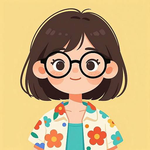 Cartoon young woman with glasses in floral shirt