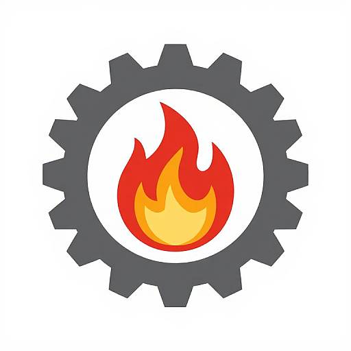 Digital illustration of a gray gear with a vibrant red and yellow flame centered inside, representing energy or power.