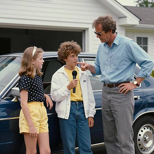 Family Portrait by Blue Car in 1980s