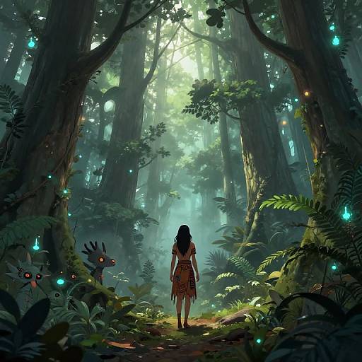 Digital fantasy artwork of a forest with glowing fireflies, a lone woman with long hair in a dress walking towards a sunlit path between towering trees.