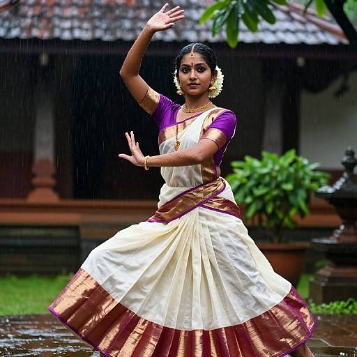 Photograph of a South Asian woman in a traditional white and maroon saree with purple blouse, dancing in the rain, wearing a yellow flower in
