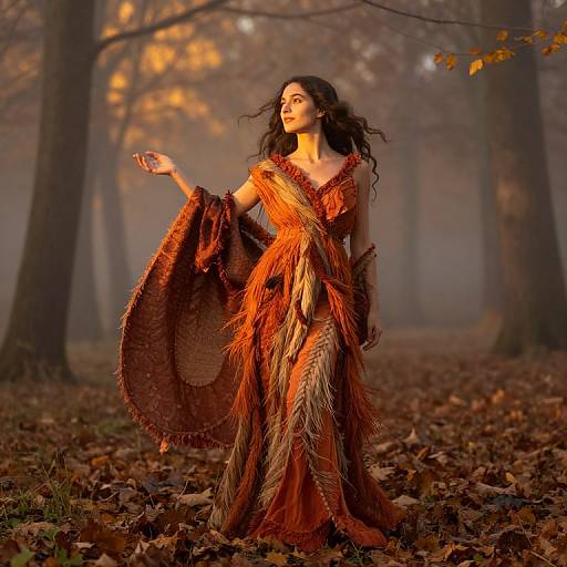 Photograph of a woman with long, wavy black hair in an orange, feathered autumn dress, standing in a foggy forest with fallen leaves