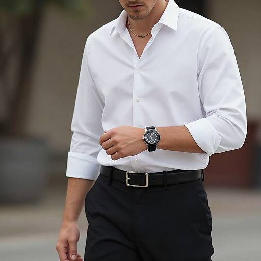 Photograph of a man in a crisp white shirt, black pants, and silver watch, adjusting his cuff, with a blurred urban background.