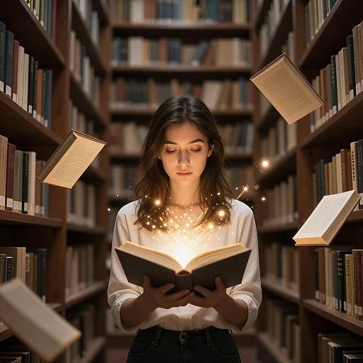 Photograph of a young woman with wavy brown hair, wearing a white blouse, reading an open book in a library, surrounded by floating books,