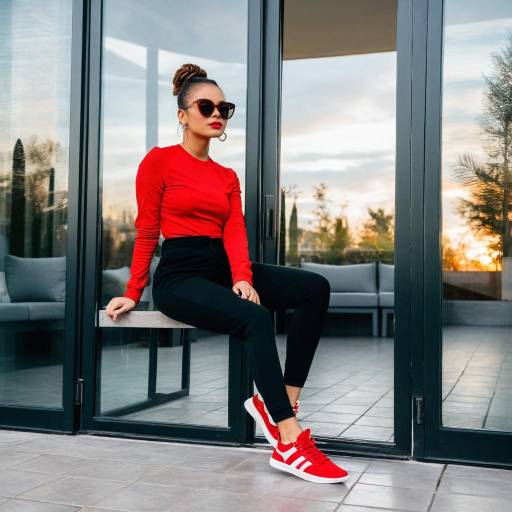 Young woman in red streetwear sitting by glass doors