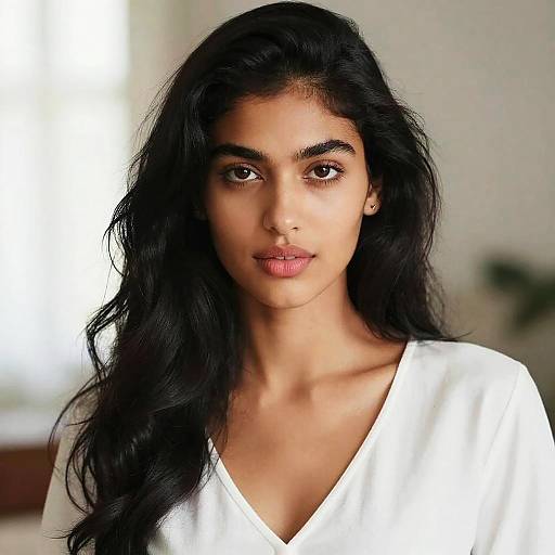 Photograph of a young South Asian woman with long, wavy black hair, brown eyes, and medium brown skin, wearing a white V-neck shirt