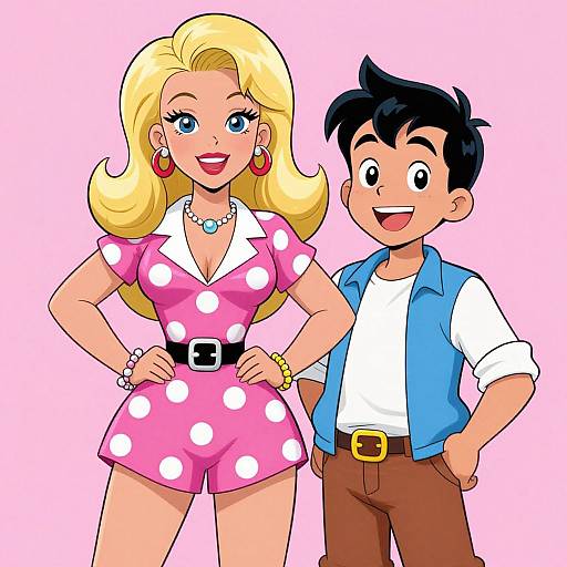 Colorful anime-style illustration of a blonde woman in a pink polka dot outfit and a black-haired boy in a blue vest and brown pants, standing