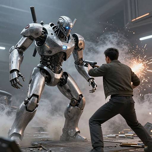 CGI image of a man in dark clothes firing a gun at a silver, humanoid robot in a smoky, industrial warehouse.