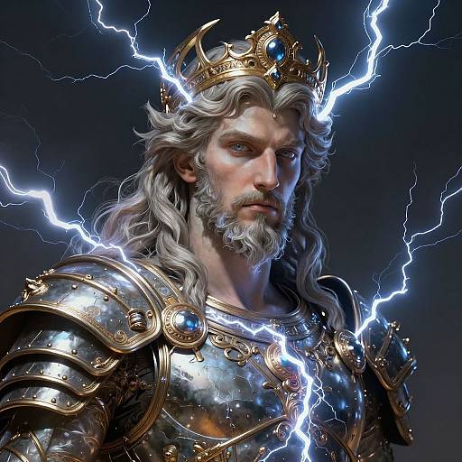 Digital art of a regal, bearded man with long silver hair, wearing a gold crown and shimmering silver armor, surrounded by striking blue lightning