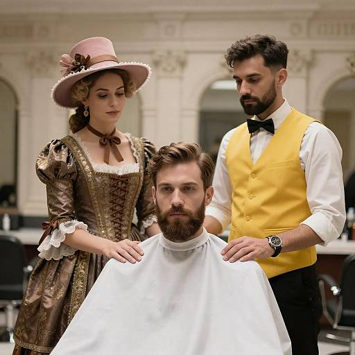 Barbershop Scene: Bearded Man and Rococo Woman