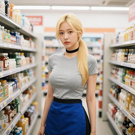 Young Woman in Korean Convenience Store Aisle