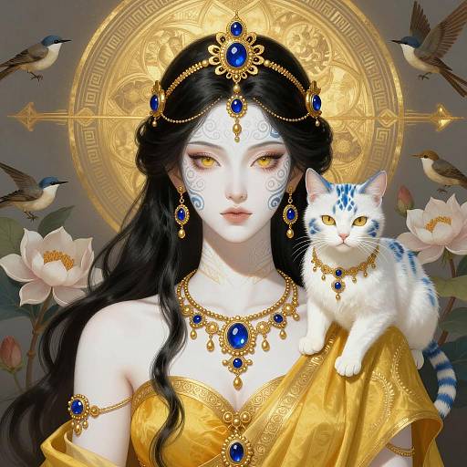 Regal Woman with Cat and Golden Jewelery