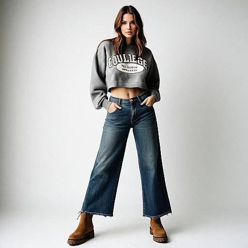 Stylish Woman in Vintage Pullover and Wide-Leg Jeans