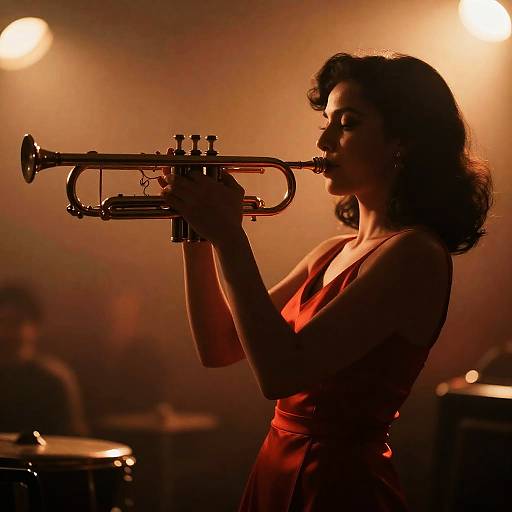 Photograph of a dark-haired woman in a red dress playing a trumpet on stage, illuminated by warm, glowing stage lights.