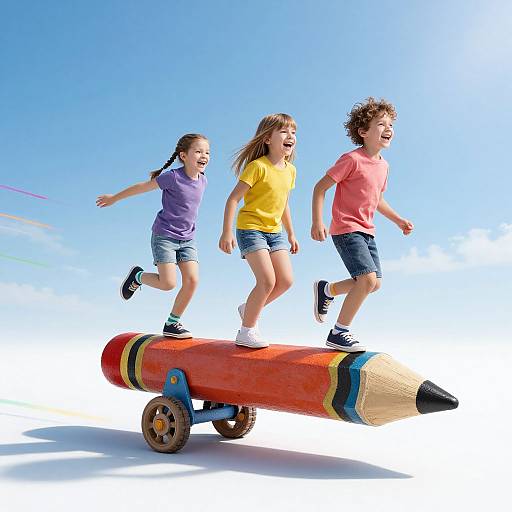 Three children, two girls and one boy, joyfully riding a colorful pencil-shaped scooter against a bright blue sky.