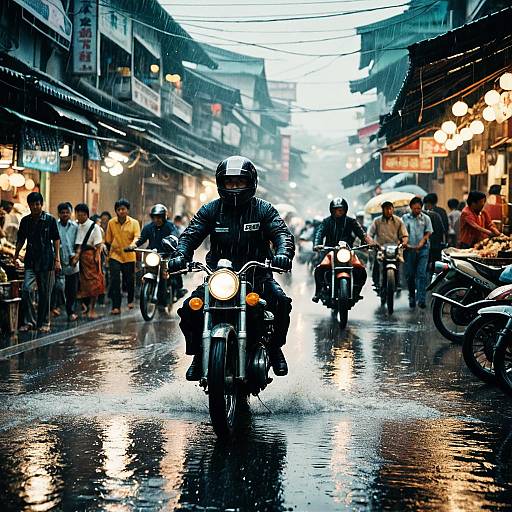 Motorcycles Racing Through Rainy Asian Market Street