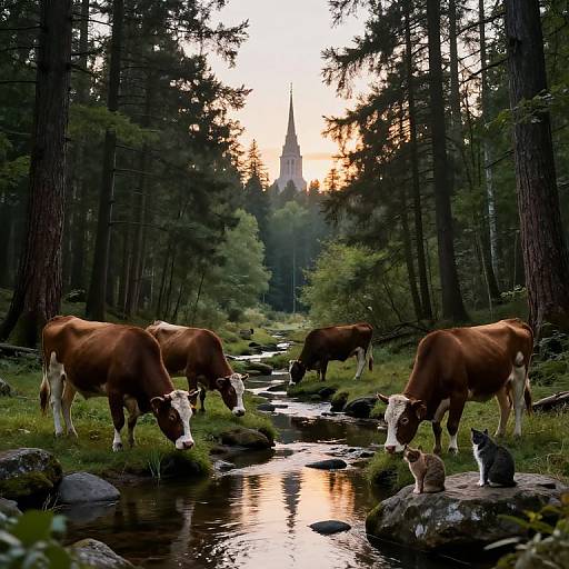 Photograph of four brown cows grazing by a forest stream at sunset, with a distant church steeple silhouetted against the sky, surrounded