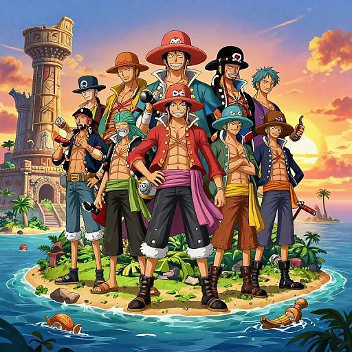Colorful anime-style digital artwork of seven One Piece characters standing on a small island at sunset, with a castle and palm trees in the background. Bright