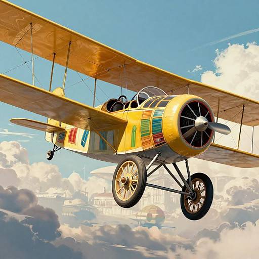 Vintage yellow biplane with colorful stripes, flying above a bright blue sky with fluffy white clouds. Realistic digital illustration.