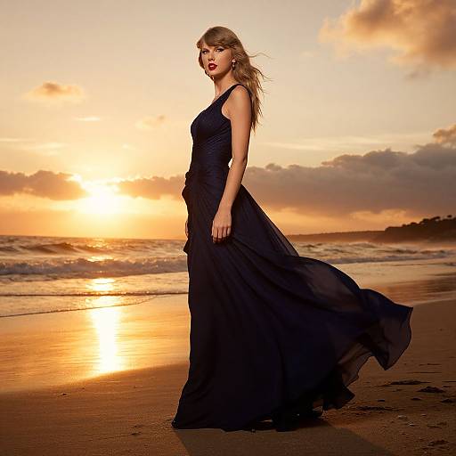 Photograph of a blonde woman in a flowing black dress standing on a beach at sunset, with waves and golden clouds in the background.