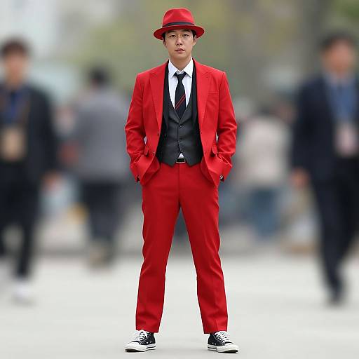 Photograph of a young Asian man in a vivid red suit, black vest, white shirt, black tie, red hat, and black sneakers, standing