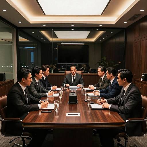 Photograph of six male business executives in dark suits seated around a wooden conference table in a modern, well-lit boardroom.