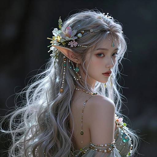 Digital fantasy portrait of an elf woman with long, silver hair, adorned with flowers and pearls, wearing a jewel-encrusted dress, against a