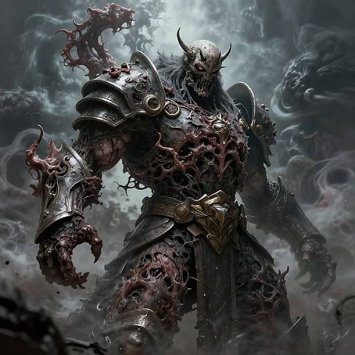 Digital fantasy artwork of a muscular, horned, skeletal warrior with bloodied, torn armor, and dark, smoky background. Eerie, menacing
