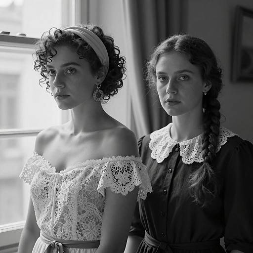 Black and White Portrait of Two Women in Vintage Style