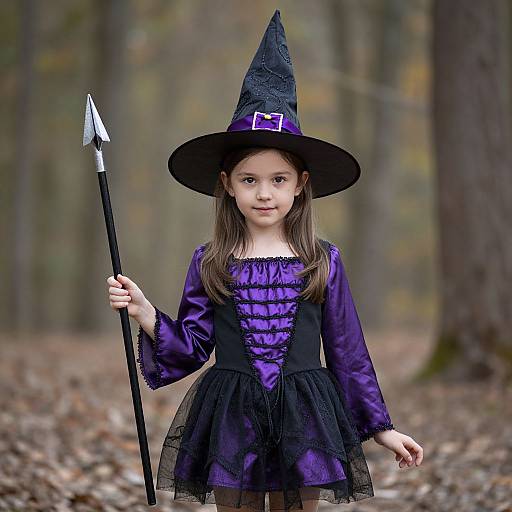 Photograph of a young girl in a purple and black witch costume with a pointed hat, holding a black wand, standing in a forest with fallen leaves