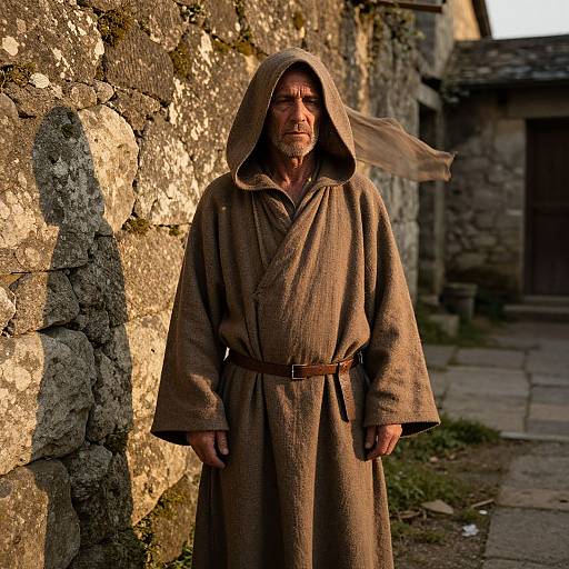 Rugged Hooded Man by Ancient Wall