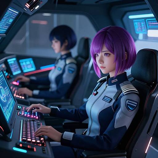 CGI image of two anime-style women with purple and black hair, wearing futuristic black and white uniforms, operating high-tech control panels in a dimly
