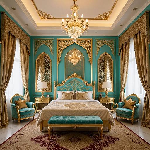Luxurious photograph of a teal and gold bedroom with ornate arches, chandelier, velvet furniture, tufted bench, and rich drap