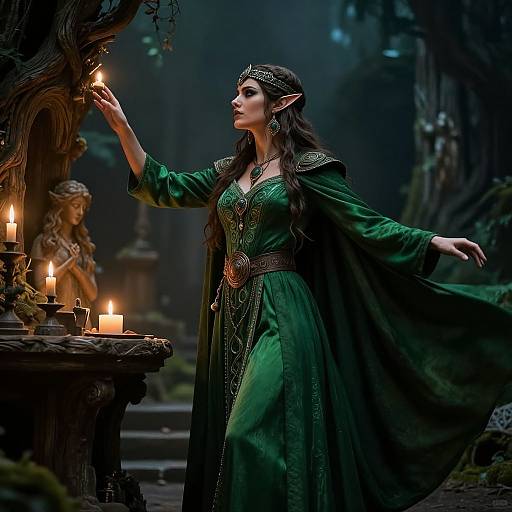 Photorealistic digital fantasy art: Elf woman in green gown with intricate embroidery, crown, and pointed ears, lighting candles in mystical forest.