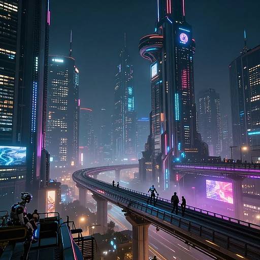 Neon-lit, futuristic cityscape at night with towering skyscrapers, illuminated signs, curved highway, and pedestrians. Digital art in vibrant blues