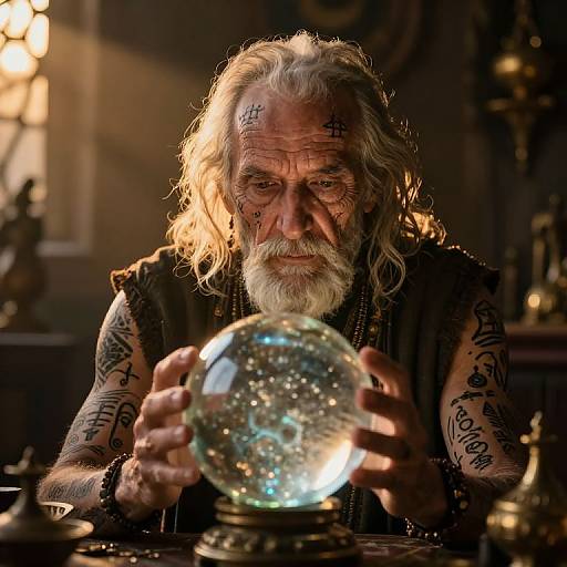 Photograph of an old, tattooed man with long, wavy gray hair, intense gaze, and beard, holding a glowing crystal ball in a