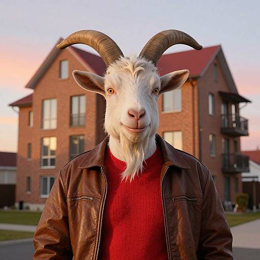 Photograph of anthropomorphic goat with white fur, black curved horns, wearing red sweater and brown leather jacket, standing in front of suburban brick house at