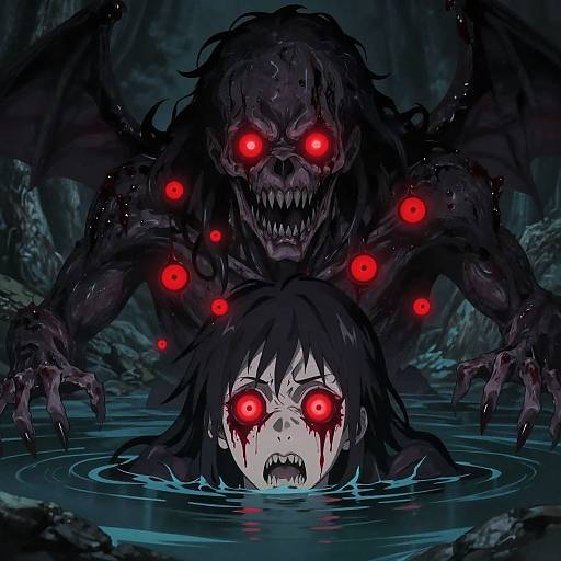 Digital horror artwork: Dark, monstrous creature with glowing red eyes and black wings looms over a bloodied, red-eyed girl submerged in dark water.