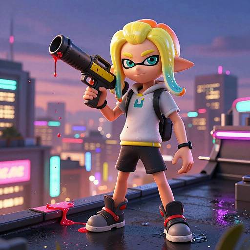Confident Inkling Boy on Neon Rooftop
