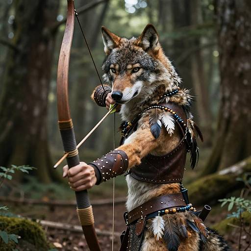 Photorealistic digital art of an anthropomorphic wolf archer in a forest, wearing leather armor with fur trim, drawing a bowstring.