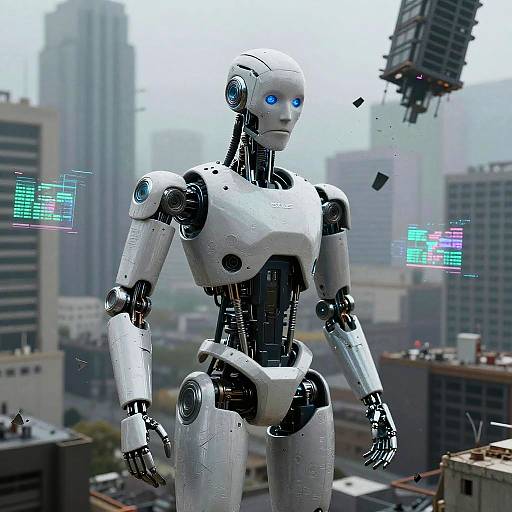 CGI image of a white, humanoid robot with blue eyes standing in a futuristic cityscape, surrounded by tall buildings and floating debris.