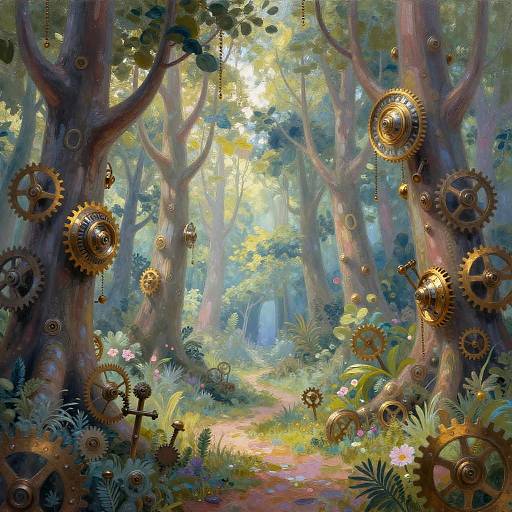 Whimsical forest scene with sunlight filtering through trees, adorned with floating golden gears and mechanical parts amidst lush greenery and colorful flowers. Digital painting with