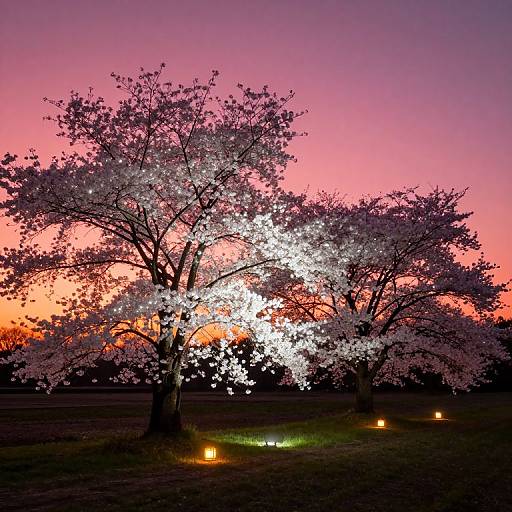 Crimson Sunset with Glowing Cherry Blossoms