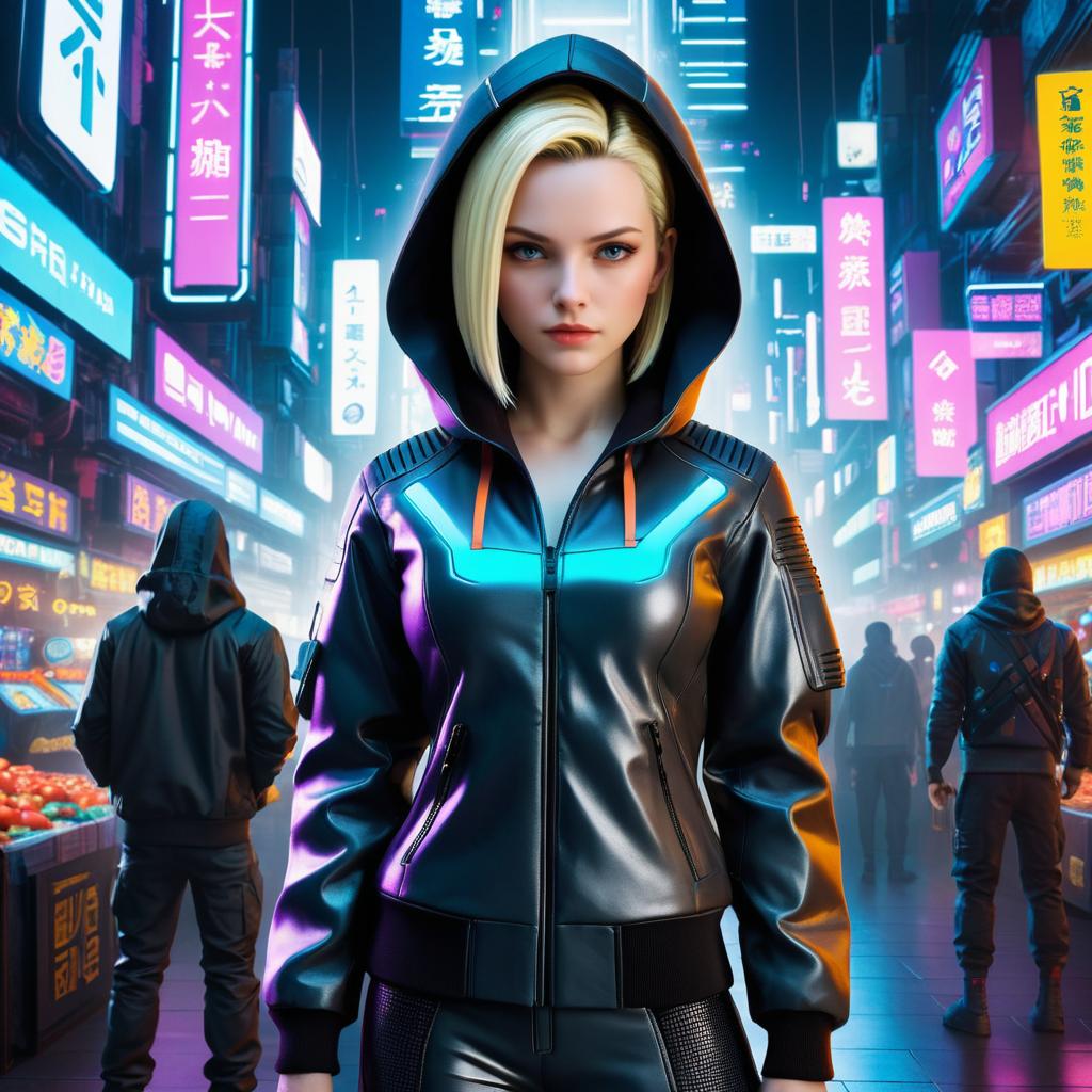 Cyberpunk Android 18 in Neon Marketplace