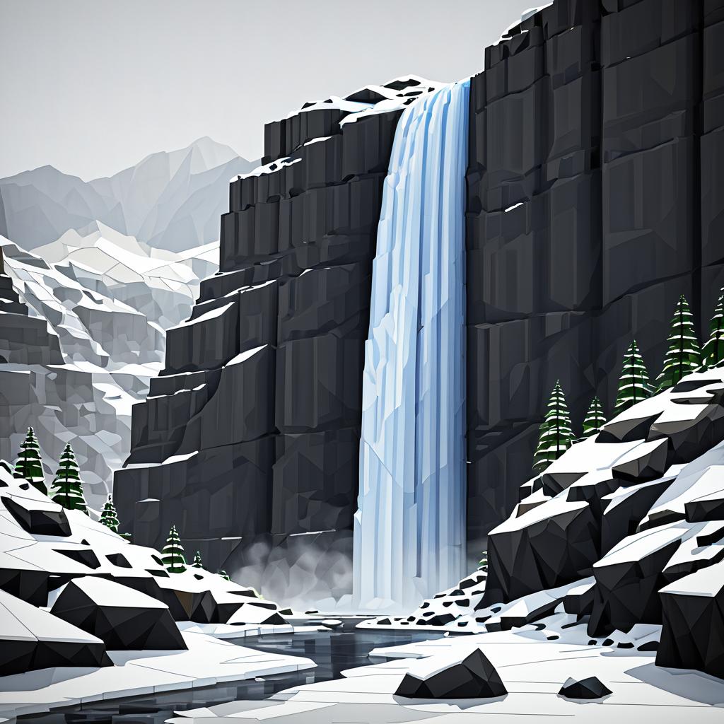 Geometric Waterfall Gorge in Snowy Mountains